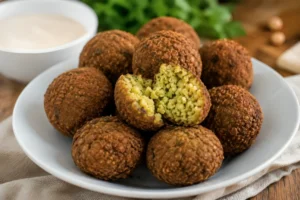 Homemade crispy falafel with tahini sauce on a plate