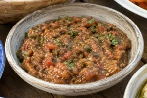Moroccan zaalouk eggplant and tomato salad served in a rustic bowl with herbs and olive oil