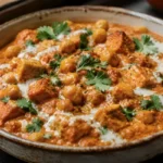 Creamy vegan tikka masala without cashews made with chickpeas and tofu in a rustic bowl, garnished with cilantro and dairy-free cream swirl