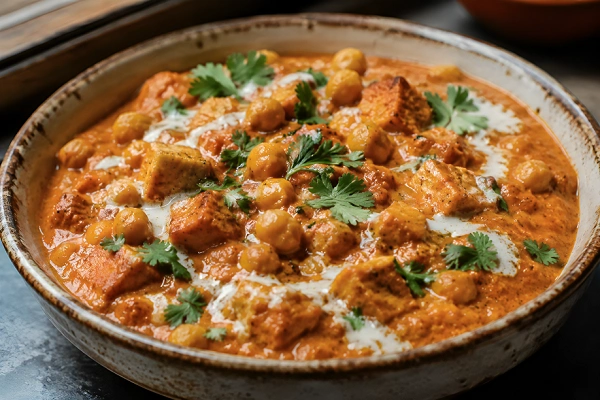 Creamy vegan tikka masala without cashews made with chickpeas and tofu in a rustic bowl, garnished with cilantro and dairy-free cream swirl