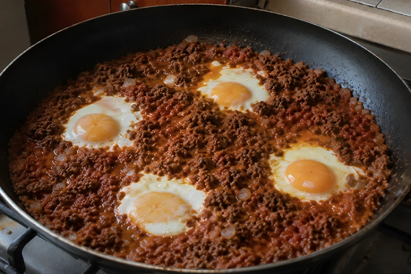 Kimë me vezë with ground meat, tomato sauce, onions, and four eggs