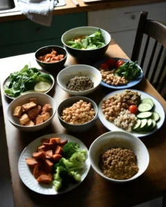 Homemade high-protein vegan meals prepared with tofu, lentils, chickpeas, quinoa, broccoli, and fresh vegetables for healthy weight loss.
