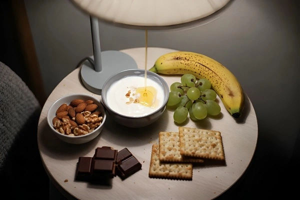 midnight snack ideas no cooking with yogurt nuts fruit crackers and chocolate on cozy bedside table