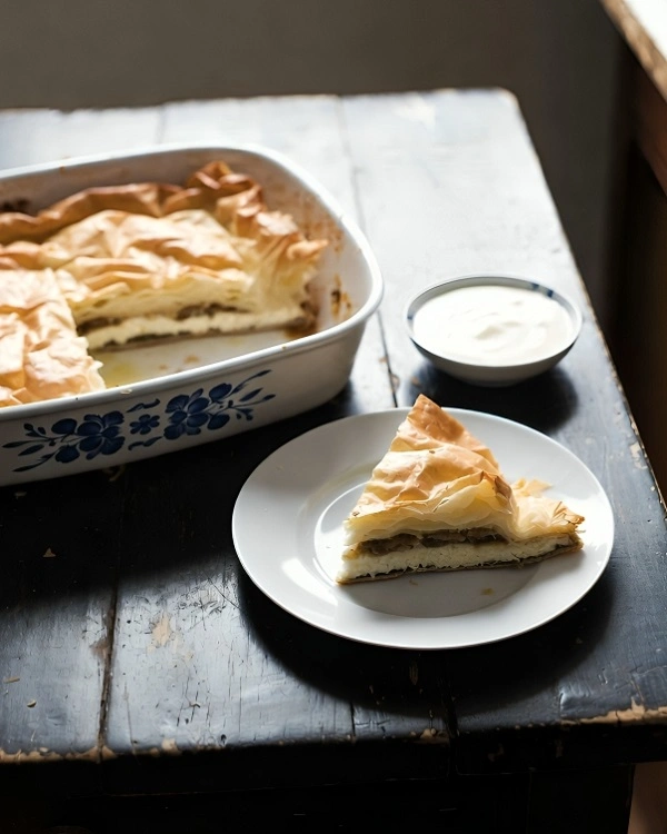 A slice of traditional Serbian gibanica made with layered phyllo dough, feta cheese, and eggs served on a white plate with the baking dish in the background.