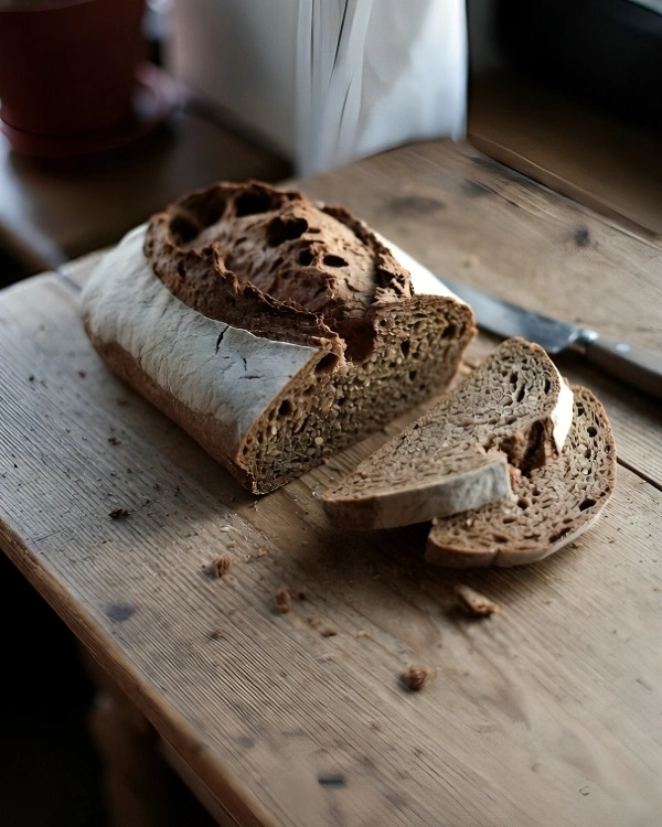 Traditional dark Borodinsky bread sliced on a wooden cutting board with a knife.