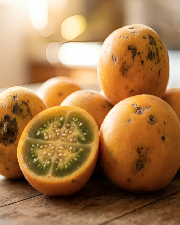 Fresh orange naranjilla fruit whole and sliced open on a rustic wooden table