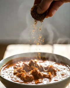 Sprinkling homemade garam masala over hot curry for rich flavor