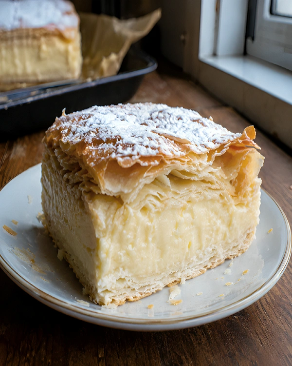 A single square slice of homemade Krempita custard cake topped with a generous dusting of powdered sugar on a white plate.