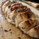 Sliced pan seared chicken breast on a wooden board