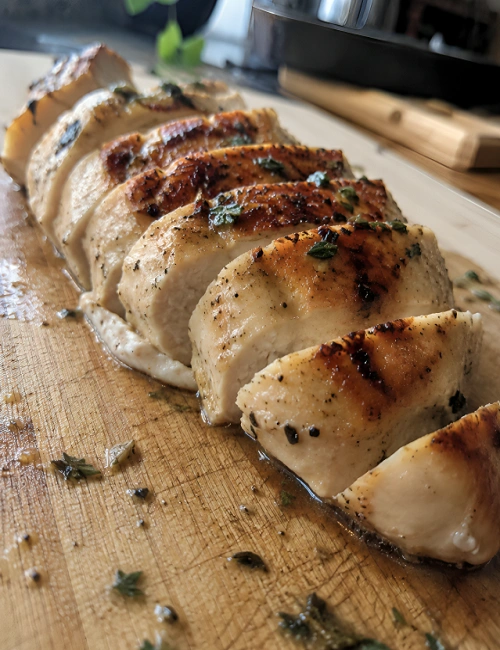 Sliced pan seared chicken breast on a wooden board