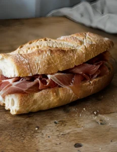 A classic Spanish bocadillo sandwich with Jamon Serrano on a rustic wooden surface.