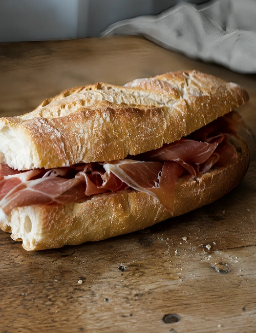 A classic Spanish bocadillo sandwich with Jamon Serrano on a rustic wooden surface.