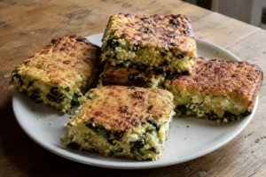 Freshly baked slices of golden Albanian Pispili served on a white plate.