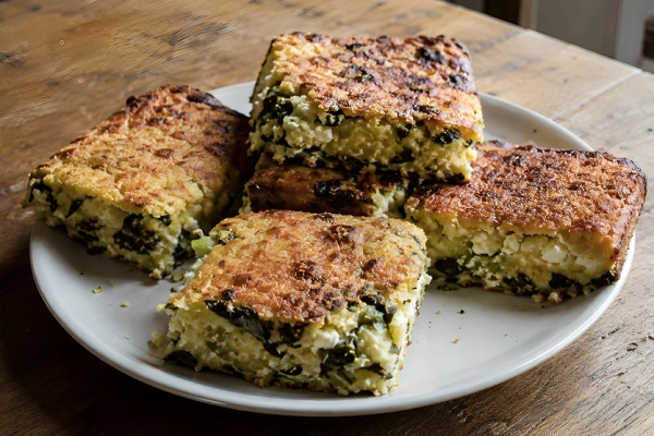 Freshly baked slices of golden Albanian Pispili served on a white plate.