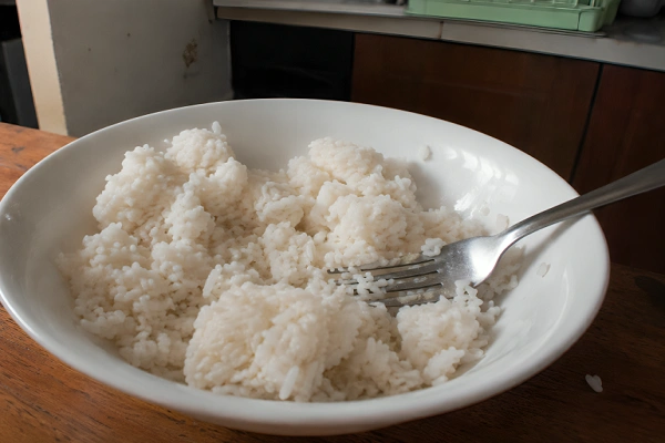 Chilled leftover white rice in a ceramic bowl