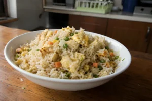 Freshly made egg fried rice served in a white bowl.