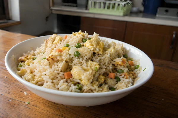 Freshly made egg fried rice served in a white bowl.