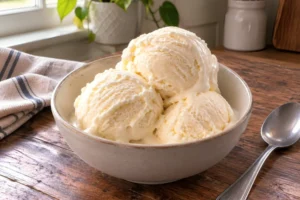 Three generous scoops of vanilla ice cream in a ceramic bowl with a spoon on a wooden table