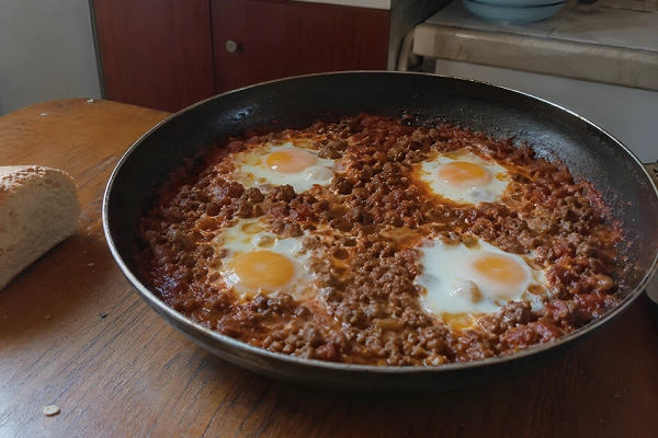 A pan of cooked Kimë me Vezë served with fresh crusty bread on a wooden table.