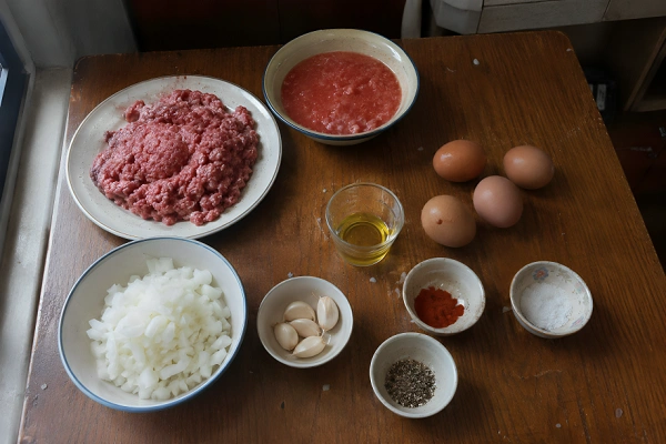 Ingredients for Kimë me Vezë laid out including ground beef, eggs, chopped onions, garlic, and tomato sauce