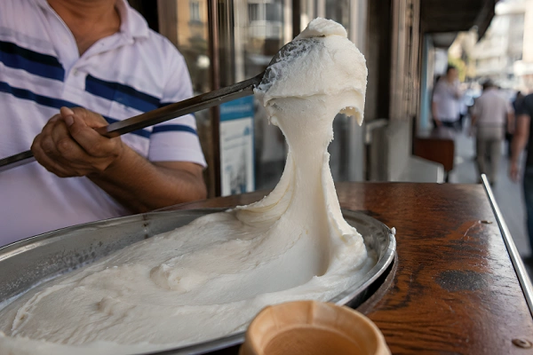 A Turkish ice cream maker pulling a thick, stretchy scoop of white Maraş dondurma using a long metal paddle over a round metal tub.