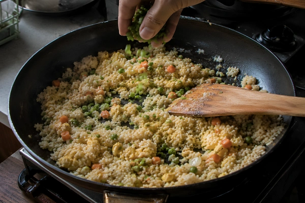 Adding green peas and scrambled eggs to fried rice in a pan.