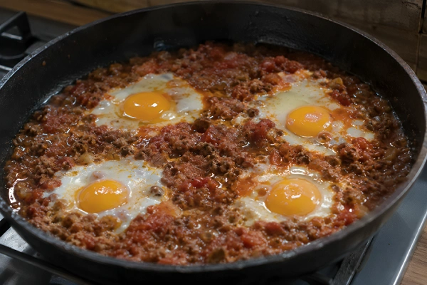 Four eggs cracked over a simmering beef and tomato sauce mixture in a frying pan