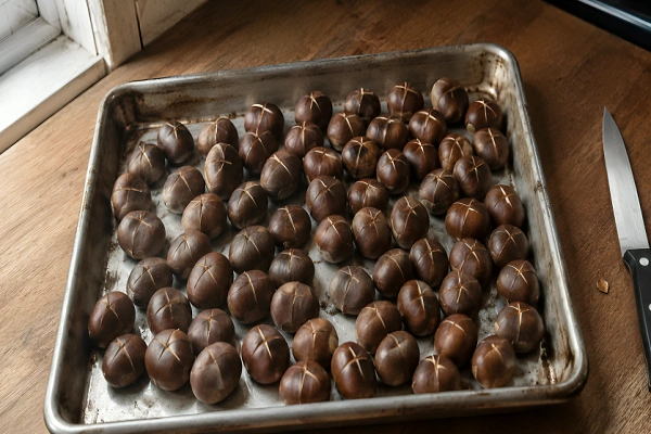 Raw chestnuts marked with X-shaped cuts arranged neatly on a metal baking tray before roasting.