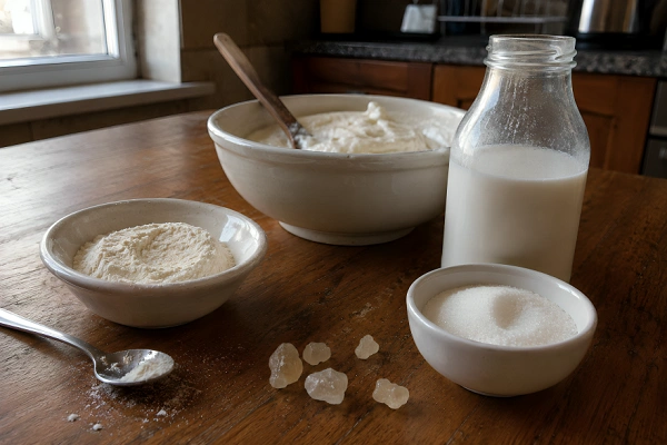 Ingredients for Maraş ice cream arranged on a wooden table, including a bottle of goat milk, salep powder in a bowl, sugar, and small pieces of mastic resin.
