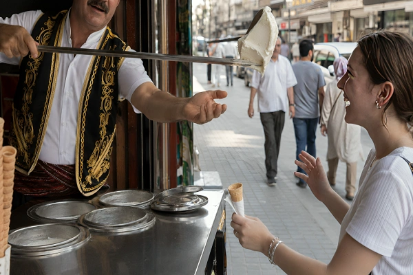 A Turkish street vendor in a traditional embroidered vest stretching ice cream on a long rod toward a smiling customer holding an empty cone.