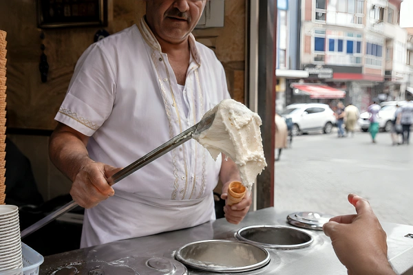A close-up of a dondurma seller using a long metal paddle to transfer a chewy portion of white ice cream into a small wafer cone.