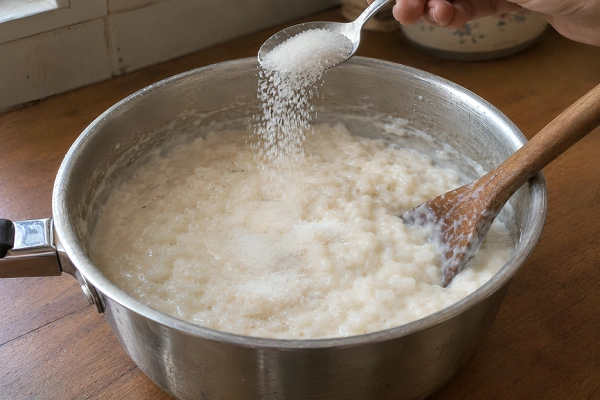 Granulated white sugar being added to thick rice pudding mixture