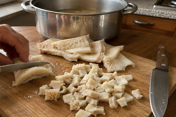 Tender cooked tripe being chopped into bite-sized squares on a wooden cutting