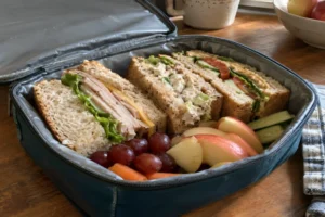 Packed insulated lunch box with layered cold sandwiches, fresh apple slices, and grapes.