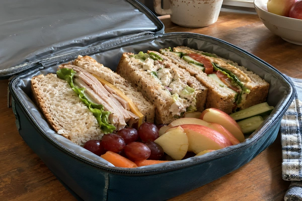 Packed insulated lunch box with layered cold sandwiches, fresh apple slices, and grapes.