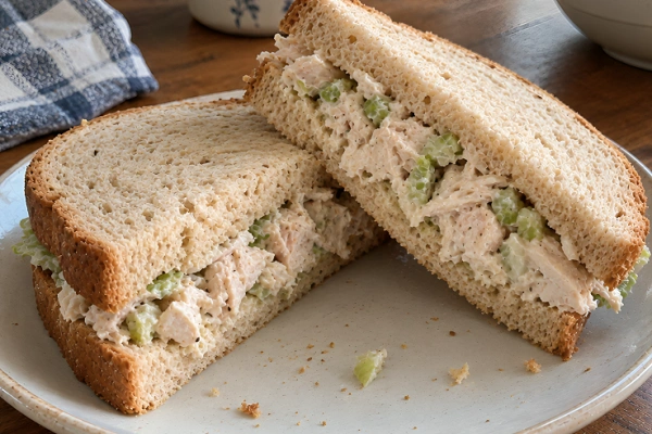 Creamy chicken salad sandwich with chopped celery served on sliced sandwich bread.