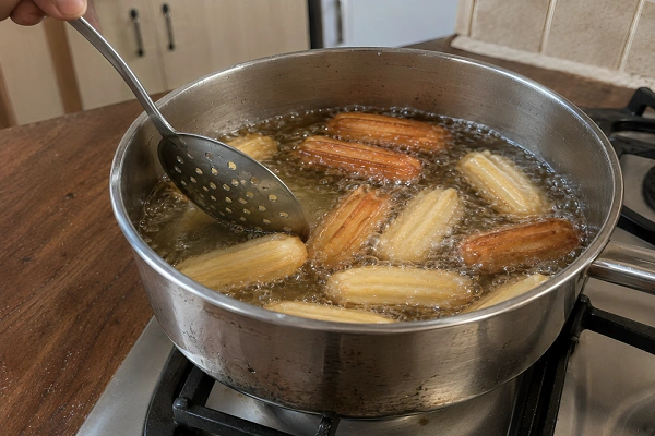 Tulumba pastries deep frying in hot oil inside a pot on a gas stove