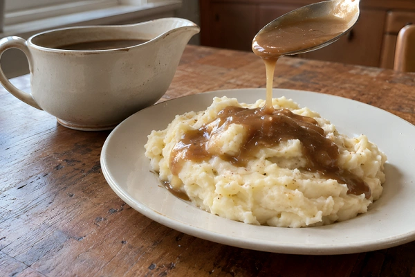 Rich brown gravy poured over a scoop of fluffy mashed potatoes in a bowl.