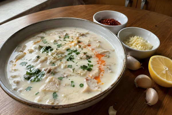 A bowl of traditional Turkish tripe soup served with garlic sauce, lemon, and chili.