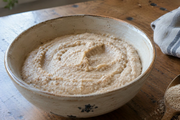 A ceramic bowl of Estonian Kama grain porridge served with buttermilk on a rustic wooden table