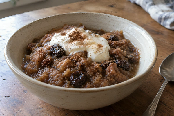 A bowl of Leivasupp, a traditional Estonian sweet rye bread soup topped with sour cream and cinnamon