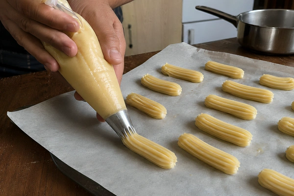 Piping ridged tulumba dough logs onto parchment paper using a star tip