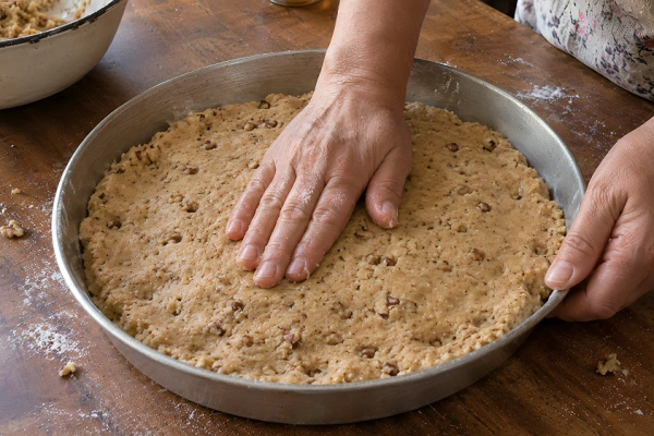 Hands pressing Shendetlie dough flat into a round metal baking pan.