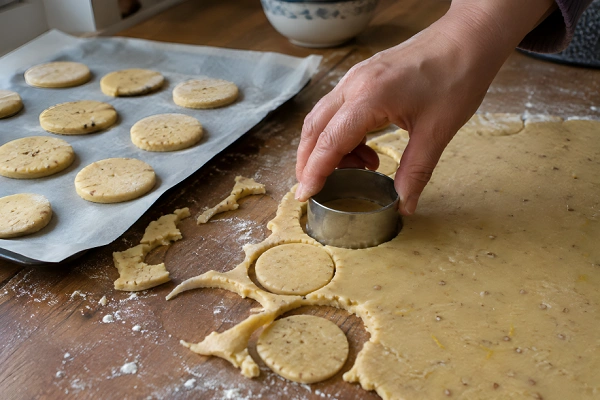 Hands using a round metal cookie cutter to cut shapes from rolled-out cookie dough.