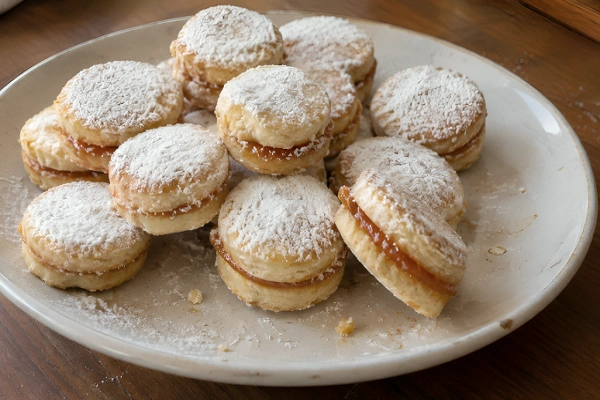 Freshly baked Serbian Vanilice sandwich cookies coated in powdered sugar and arranged on a serving plate.