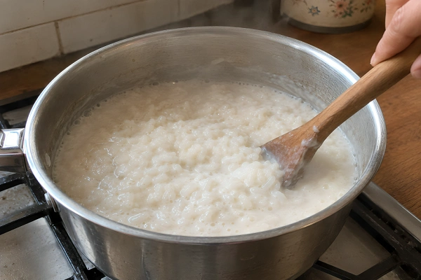 Rice pudding simmering gently on low heat while stirred with a wooden spoon.