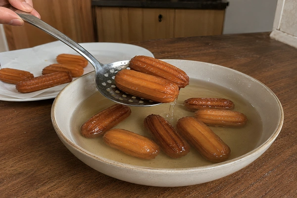 Lifting fried tulumba with a slotted spoon and dropping them into a bowl of sugar syrup