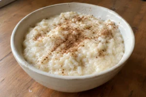 Creamy Albanian Sultjash rice pudding served in a ceramic bowl topped with ground cinnamon.