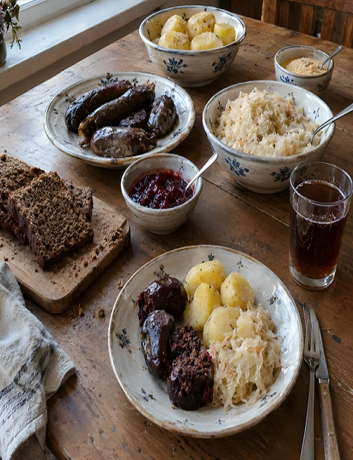 A spread of traditional Estonian food featuring blood sausage, rye bread, sauerkraut, and potatoes on a wooden table