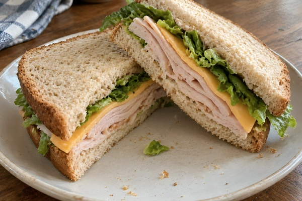 Turkey and cheddar cheese sandwich with crisp lettuce cut in half on a white plate.